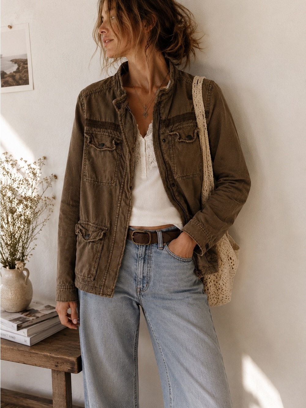 Free People Brown Canvas Utility Jacket Vintage Y2K